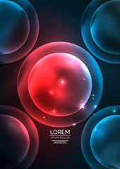 Glowing neon shiny transparent bubbles, glass circles or bio cell concept. Techno futuristic vector abstract background For Wallpaper, Banner, Background, Card, Book Illustration, landing page
