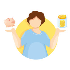 illustration of money savings storage. Choice between a bank safe and a glass jar. Finance saving banner. Money investment. Character chooses how to save capital vector illustration.