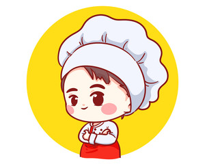 Cute Bakery chef boy arms crossed smiling cartoon art illustration logo. Premium Vector