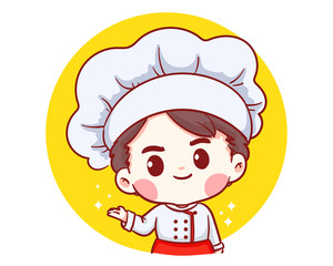 Cute Bakery chef boy welcome smiling cartoon art illustration logo. Premium Vector