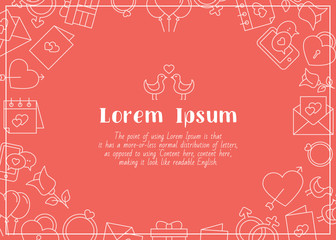Love - horizontal card with text and vector outline illustrations of heart, gifts, and valentines for graphic design