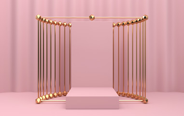 abstract geometric shape group set, pink studio background, golden cage, 3d rendering, scene with geometrical forms, rectangle pink pedestal inside the gold frame, curtain on the background, scene