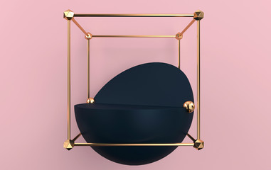 A ball pedestal inside the golden cage, abstract geometric shape group set, pink studio background, 3d rendering, scene with geometrical forms, fashion minimalistic scene, simple clean design