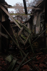 A room in an abandoned house in a park. The ceiling has collapsed and all the wooden beams are broken on the ground.