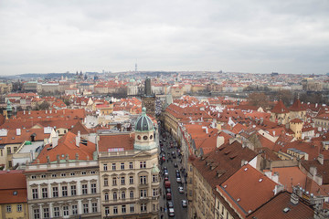 Fototapeta na wymiar View from Prague Castle over the city. Winter, gray sky and typical blind houses.