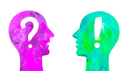 Disegno grafico sfondo bianco. Domanda risposta. Punto interrogativo, punto esclamativo.