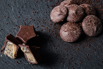 Homemade belgian chocolate. Close-up chocolate. Religious Holiday, The Sugar Feast After Ramadan. Top view. Copy space for text message.