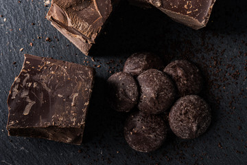 Homemade belgian chocolate. Close-up chocolate. Religious Holiday, The Sugar Feast After Ramadan. Top view. Copy space for text message.