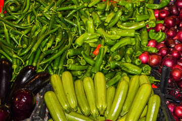 Fresh and organic fruits and vegetables at farmers market. Biological and organic