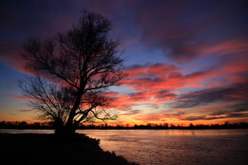 Fototapeta na wymiar Colorful sunset by the Odra River, Germany.