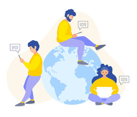 People chat online concept. Communication from anywhere in the world. Vector illustration in a flat style. Work, study and communicate over the Internet. Template for social networks. - obrazy, fototapety, plakaty