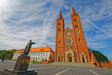The basilica of St. Peter and the Strossmayer main square on a beautiful sunny day in Djakovo...
