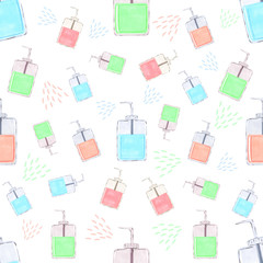 seamless pattern hygiene, hand washing, viruses, antiseptic, notebook and notebook cover, fabric print, packaging paper