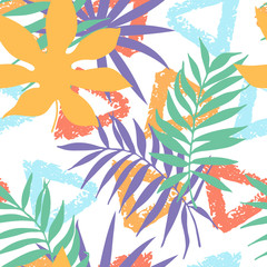 Abstract seamless pattern with hand drawn brush triangles and tropical palm leaves. Vector illustration for stylish background, banner, textile, wrapping paper design. Modern design.