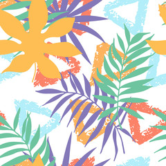 Fototapeta premium Abstract seamless pattern with hand drawn brush triangles and tropical palm leaves. Vector illustration for stylish background, banner, textile, wrapping paper design. Modern design.