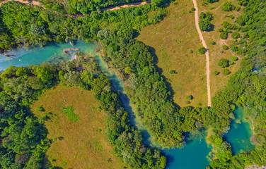 Aerial view of the Brljan lake located downstream of Bilusic buk on the exit from canyon of Krka River in Promina County.