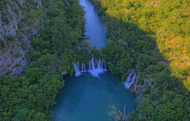 Aerial view of the canyon of waterfall located in Promina County at Dalmatian Zagora in Croatian National Park Krka.