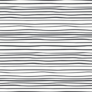 Hand drawn seamless geometric pattern with horizontal stripes, black on white background. Vector illustration. Flat style design. Concept for kids textile print, wallpaper, wrapping paper, packaging.