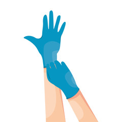 Human hands wearing blue latex medical gloves. Infection and virus protection. Coronavirus COVID-19 prevention. Vector illustration isolated on white background.