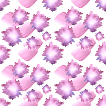 watercolor abstract shapes and splashes seamless pattern. hand painted illustration in pink and purple colors
