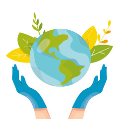 Safety concept. Medical people take care about planet. Human hands in blue latex gloves hold planet Earth globe vector illustration. Doctors save our planet from viruses and infections