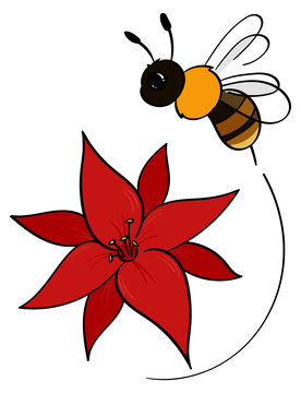 Cartoon honeybee flying over a red flower