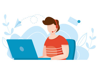 Online customer service agent with headphones. Distance support concept. Agent with headset talking with client. Global technical support vector illustration. Helpdesk.