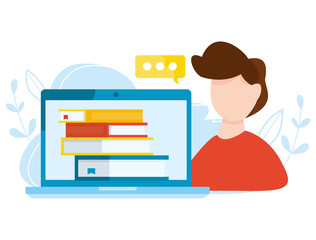 Student with laptop studying and learning at online courses. Distance graduate concept. Home education vector illustration. Internet education, training, e-learning concept. Online library.