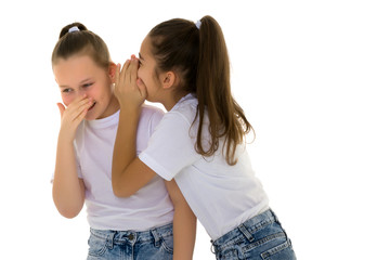 Two cheerful little girls share secrets in each other s ear.