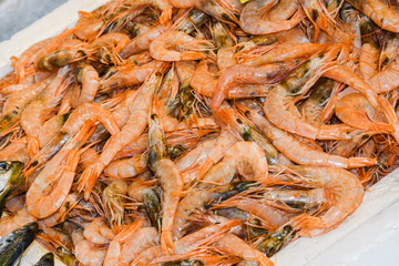Istanbul, Turkey, 20.12.2019: Fresh seafood on the counter top of the fish market, for sale