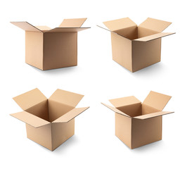 Set of open cardboard boxes on white background