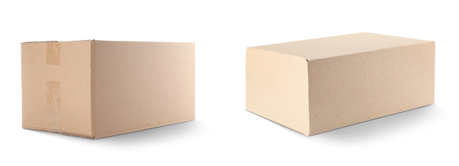 Closed cardboard boxes on white background. Banner design