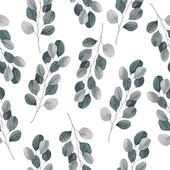 Fotobehang Aquarel bladerprint Tropische aquarel naadloze patroon met eucalyptus takken op een witte achtergrond.
