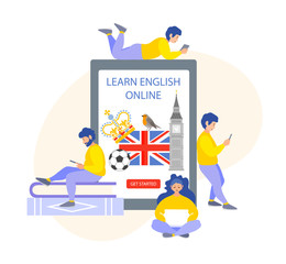 Learn English online. Tiny people learn a language over the Internet. The concept of e-learning. Template for online language school or courses. Banner for social media and web page.