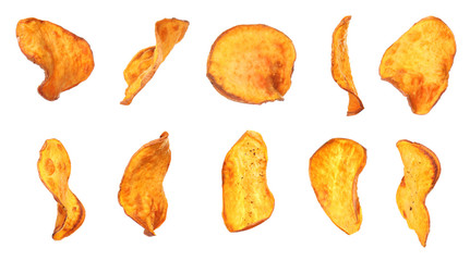 Set of sweet potato chips on white background. Banner design