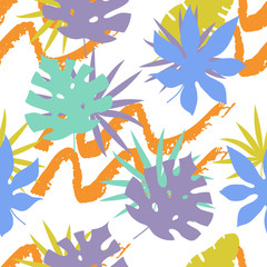 Seamless pattern with abstract hand drawn paint wave lines and tropical leaves. Botanical silhouette template on a modern colorful endless background. Vector illustration.