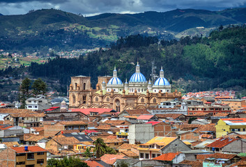 Cuenca's Cathedral La Inmaculada Concepcion, in middle of it's beautiful city, on a sunny and...