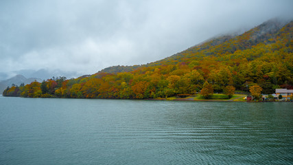 Colorful autumn trees and emerald lake with cloudy sky for background , copy space , Chuzenji lake , Nikko