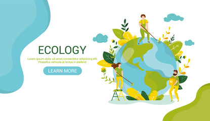 Ecology concept. People take care about planet ecology. Protect nature and ecology banner. Earth day Globe with trees plants and volunteer. Vector illustration. Web template for internet sites headers