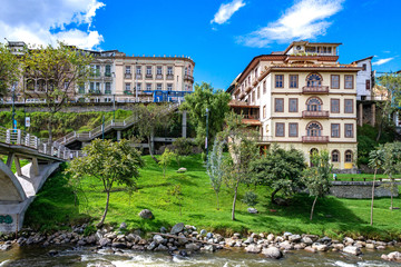 Tomebamba river with beautiful houses and architecture, in Cuenca, Azuay, Ecuador