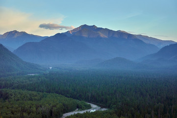 Fototapeta premium River valley in the forest surrounded by mountains.