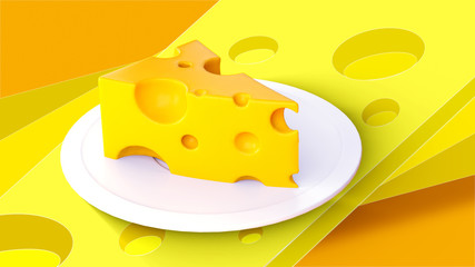 3d render. A piece of cheese lies on a plate.