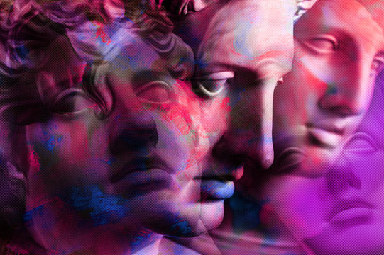 Naklejki Collage with plaster antique sculpture of human face in a pop art style. Creative concept colorful neon image with ancient statue head. Cyberpunk, webpunk and surreal style poster.