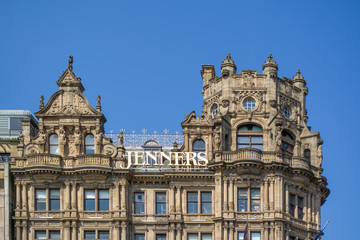 Fototapeta na wymiar Detail view of a historic buildings top, on Edinburgh city center downtown, in Scotland
