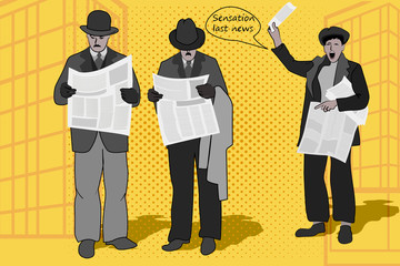 Illustration image of two businessmen stopping to read financial news of newspapers as they go nearby. The seller of the newspaper screams news. - obrazy, fototapety, plakaty
