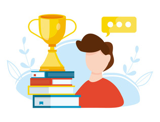 Excellent student. outstanding student. Power of education. Young boy with winner cup standing on stack of books. Vector illustration.