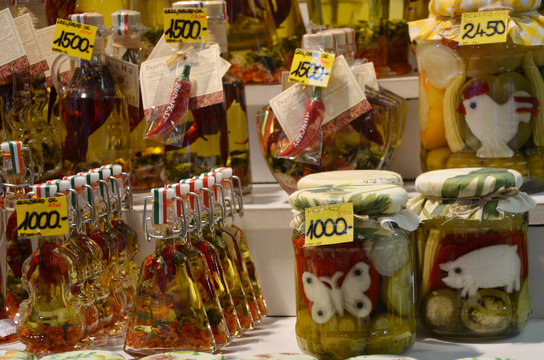Pickled vegetables being prepared for preserving with funny creative faces from paprika, tomatoes, cucumbers and cabbage, Budapest farmer market