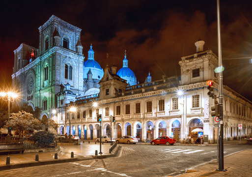 Cathedral of la Inmaculada Concepci&oacute;n, in downtown Cuenca, UNESCO World heritage site, Ecuador, at night.