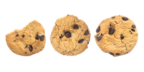 homemade chocolate chips cookies on white background in top view