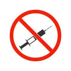 Refusal of vaccination, drugs, narcotic concept with stop sign icon plastic medical syringe in flat style, concept of stopping vaccination, injection, narcotic. isolated vector illustration
